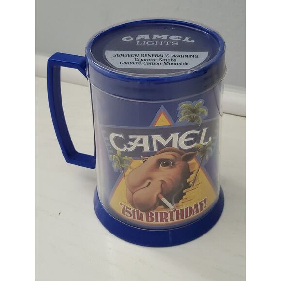 1988 Joe Camel 75th Birthday Plastic Thermo-Serv Mug Cup Blue Cigarette Promo - Picture 3 of 5